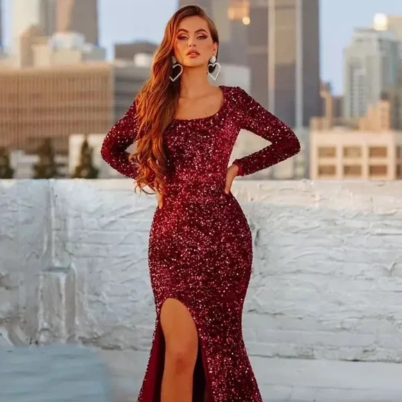 Beautyempire Dresses Luxury Burgundy Long Sleeve Sequin Floor
